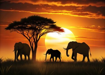 Obraz premium African Elephant Family Silhouette Sunrise Savannah Grassland Wildlife Photography