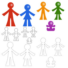 Set of silhouettes dad, mom, son, daughter, baby colored, outline, puntkti, plastic color sorter