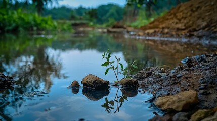 Fototapeta premium Nature reflection water pool with greenery outdoor serenity landscape photography tranquil environment