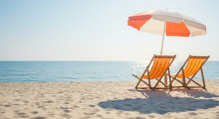 A peaceful beach setting featuring beach chair and umbrella with soft white sand stretching to the horizon