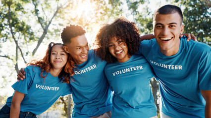 Volunteer, friends and portrait of people in park for recycle program, hug or social...