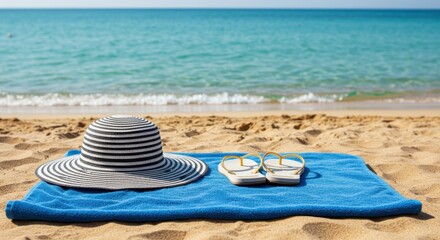 A cozy beach relaxation scene with a blue towel, striped sun hat and white flip-flops laid on the soft warm sand