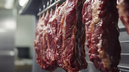 Beef dry aging process butcher shop photography professional kitchen close-up culinary art