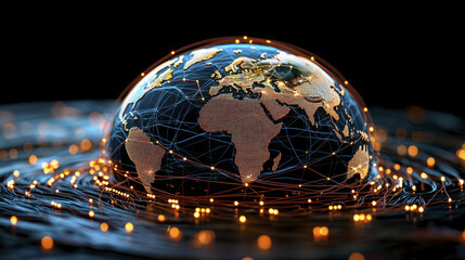digital globe illuminated with glowing connections, representing global communication and technology. continents are highlighted, showcasing