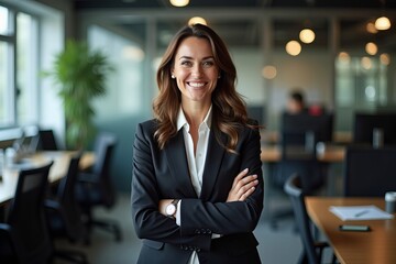 Confident Female Executive Standing Strong in Busy Office Setting