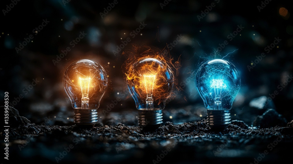 Poster illuminating energy dynamic light bulbs studio digital art dark environment close-up creative concep