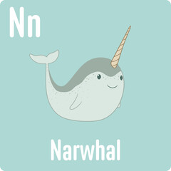 Adorable illustrated narwhal with a smiling face, set against a soft blue backdrop. Simple and inviting cartoon design. Educational.