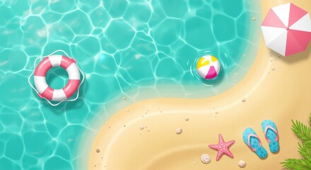 Naklejka premium A vibrant digital illustration of a summer poolside scene with turquoise water has gentle ripples reflecting bright sunlight