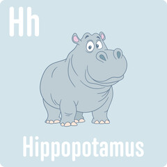A cute cartoon hippopotamus is shown with the letter Hh. The hippo is a gentle animal for kids to learn about with this design. 