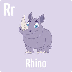 Cute Cartoon Rhino Illustration on Lilac Background: A charming rhino graphic ideal for children's learning materials.
