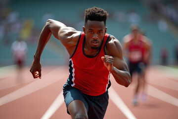 A determined male sprinter crossing the finish line in a close-up shot with focus on his face