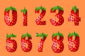 Set of numbers on orange background , set of counting numbers, set of strawberries numbers, set of 3d numbers, numbers from 0 to 9 with strawberries isolated on orange background, 