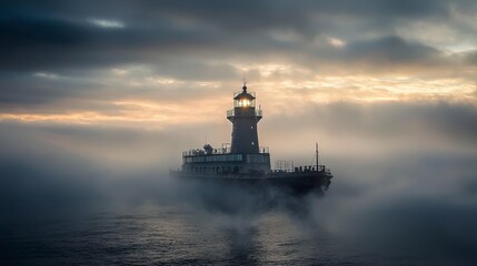 Obraz premium Mysterious lighthouse emerges from fog coastal waters photography dramatic lighting bird's eye view atmospheric mood
