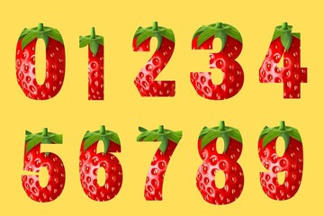Set of numbers on yellow background , set of counting numbers, set of strawberries numbers, set of 3d numbers, numbers from 0 to 9 with strawberries isolated on yellow background, 