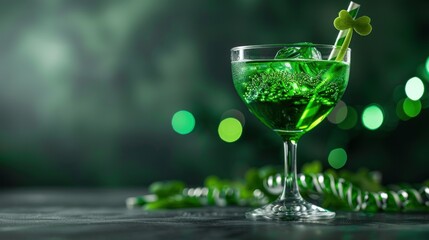 A cocktail with green liquid and a decorative St. Patrick's Day straw