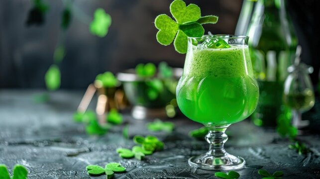 A green St. Patrick's Day drink served in a festive glass with a shamrock garnish.