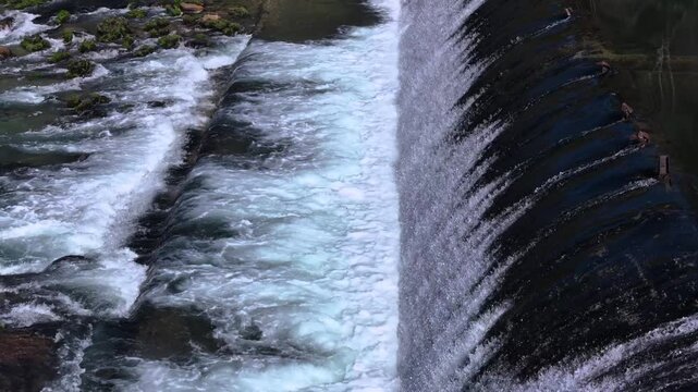 Fervenza de Bora - Small Waterfall Flowing Down The Lerez River In Encoro de Bora, Pontevedra, Spain. - aerial shot