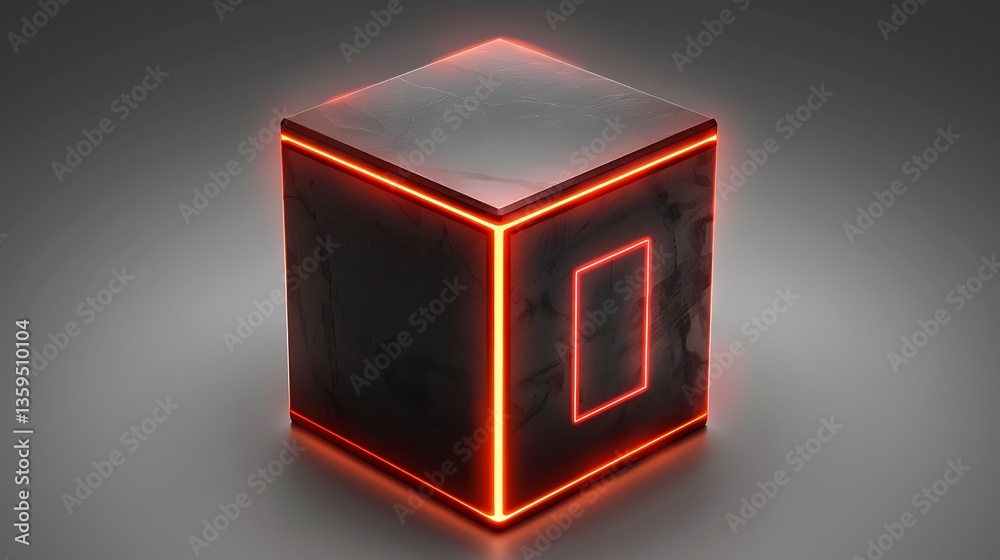 Poster illuminated square object with glowing lines and a recessed rectangular shape