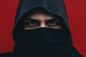 Naklejka premium Close-up of a person wearing a dark hooded garment, obscuring the face except for intense eyes, against a red background, conveying mystery and intrigue