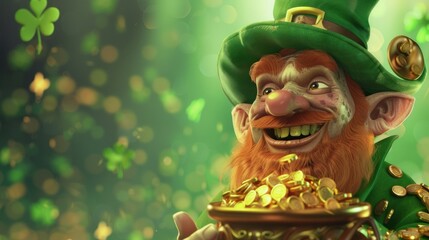 Naklejka premium A whimsical St. Patrick's Day illustration of a leprechaun with a pot of gold.