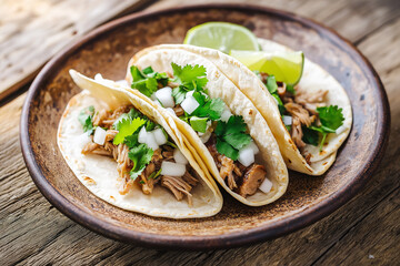 Close-up to tacos with meat and onion with lime slices on a plate