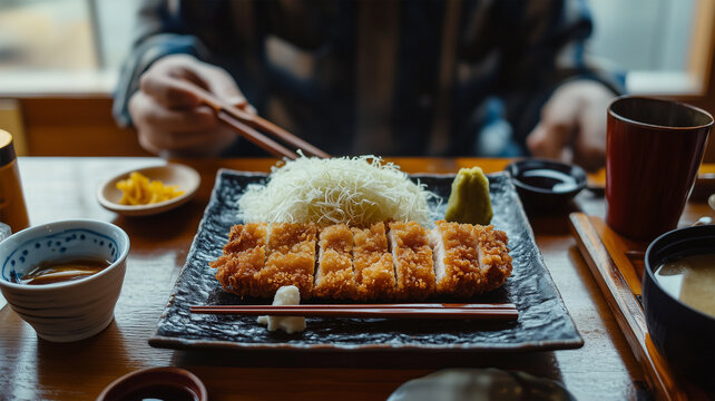 ひとりランチを楽しむカウンター目線のとんかつ定食