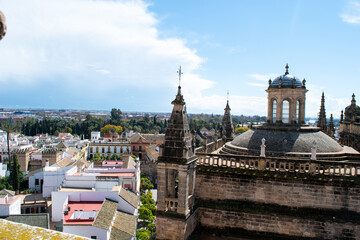 Cityscape view of the city of Seville, Spain taken from the La Giralda tower and spire at Seville cathedral.