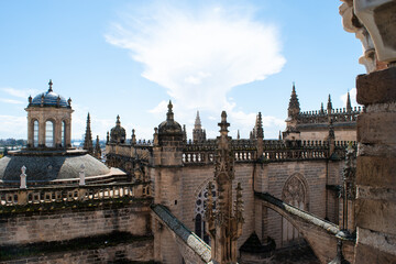 Cityscape view of the city of Seville, Spain taken from the La Giralda tower and spire at Seville cathedral.