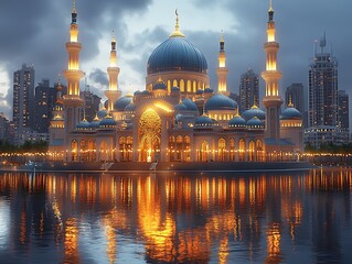 Fototapeta premium A beautiful mosque lit up on the water at twilight