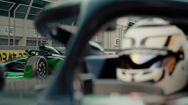 Close-up of a formula one race car driver in pole position with focus shift to opponent. Camera zooms slowly in. Rack focus. 3D animation rendering. New 2025 black and gold race car design