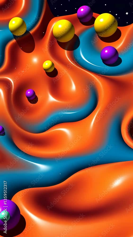 Poster A colorful image of a wave with a blue and orange background. There are many small balls in the image, some of which are blue and some are orange