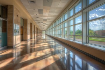 Serene hospital corridor with sunlit windows for healthcare design and architecture projects