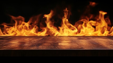 Fototapeta premium Wooden Surface with Blurred Fire Background