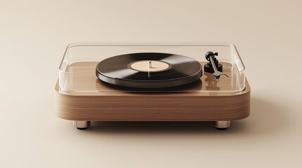 Fototapeta premium Modern minimalist turntable with transparent cover and black vinyl record on a beige background