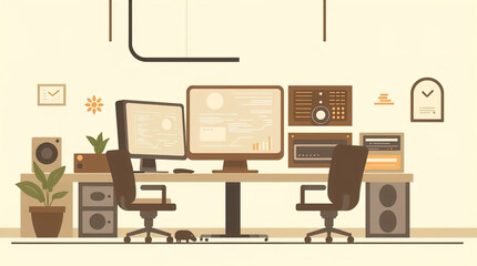 Modern flat design natural earth tones Cyberpunk IT lab image adorable cute charming features browns beiges muted colors simple two-dimensional shapes