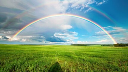 Naklejka premium A vibrant St. Patrick's Day rainbow arching over a green field.