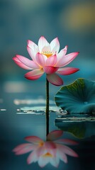 Vibrant pink lotus flower in calm water with reflection