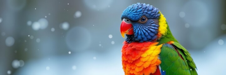 Obraz premium Close-up of ring necked parakeet with vibrant plumage against snowy background, bird, winter, snow