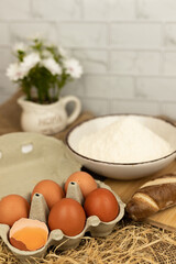 Freshly baked bread, flour, eggs. The process of baking bread.Baking Ingredients