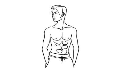 Sculpted pumped up body. Sport man narcissist, admires himself on white background. Sport guy model line art drawing. Vector illustration