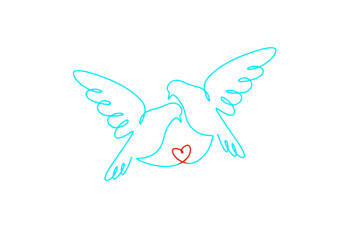 Two simple blue doves flying gracefully towards each other with a small red heart between them, love, union, commitment of two people coming together in marriage and lifelong partnership.