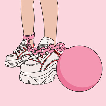 Stylized Woman with Sneakers and Heavy Chain Ball Illustration