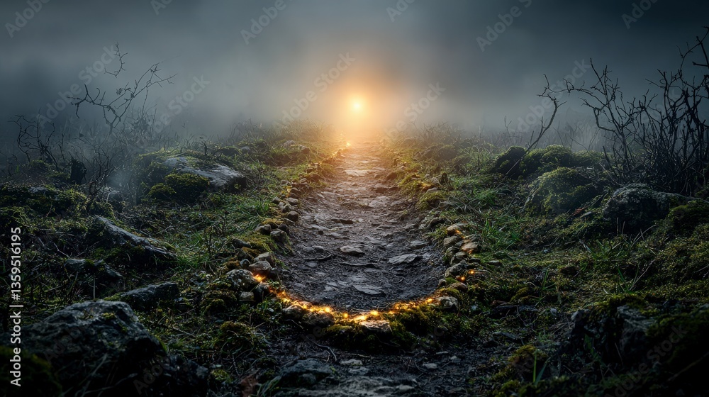 Poster mysterious light pathway illuminates foggy forest enigmatic journey nature twilight enchantment