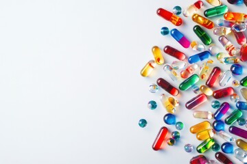 Colorful pills and capsules scattered on a white background