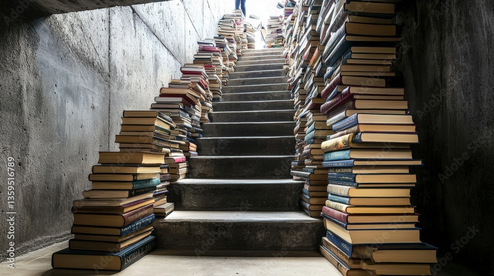 Poster books stacked along staircase underground library architectural structure dark setting perspective k