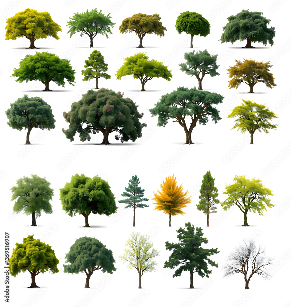 Poster a diverse collection of trees showcasing various shapes and foliage types