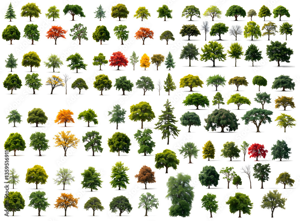 Aufkleber an array of diverse trees showcasing different shapes, sizes, and colors 