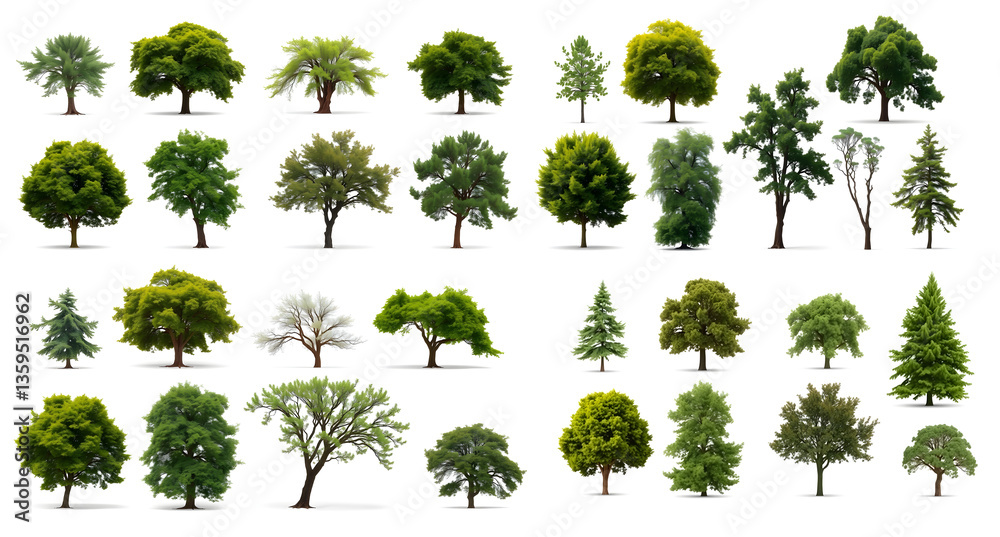 Poster a collection of various trees, each showcasing unique shapes, sizes, and foliage