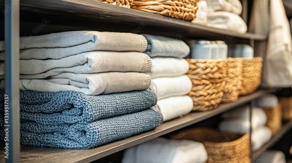 Poster soft towels in shades of gray and blue are stacked on shelves, while woven baskets hold assorted ite