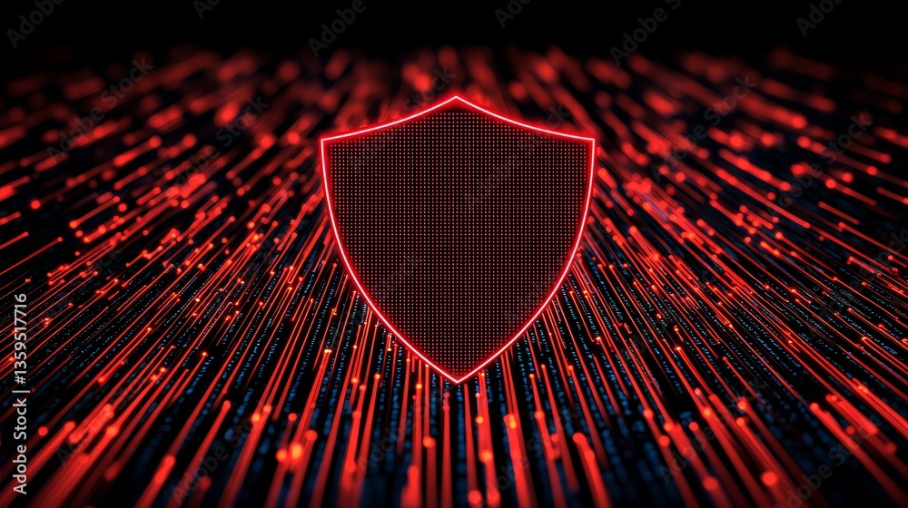 Poster cybersecurity and network prevention concept. digital shield with flowing data streams in red and bl